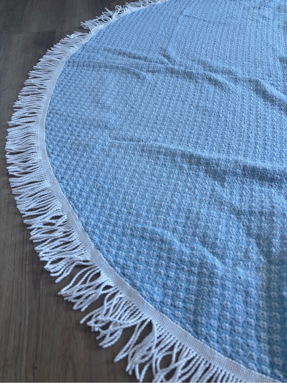 Vintage Light Blue Round Waffle Weave Tablecloth with White Fringe 56”